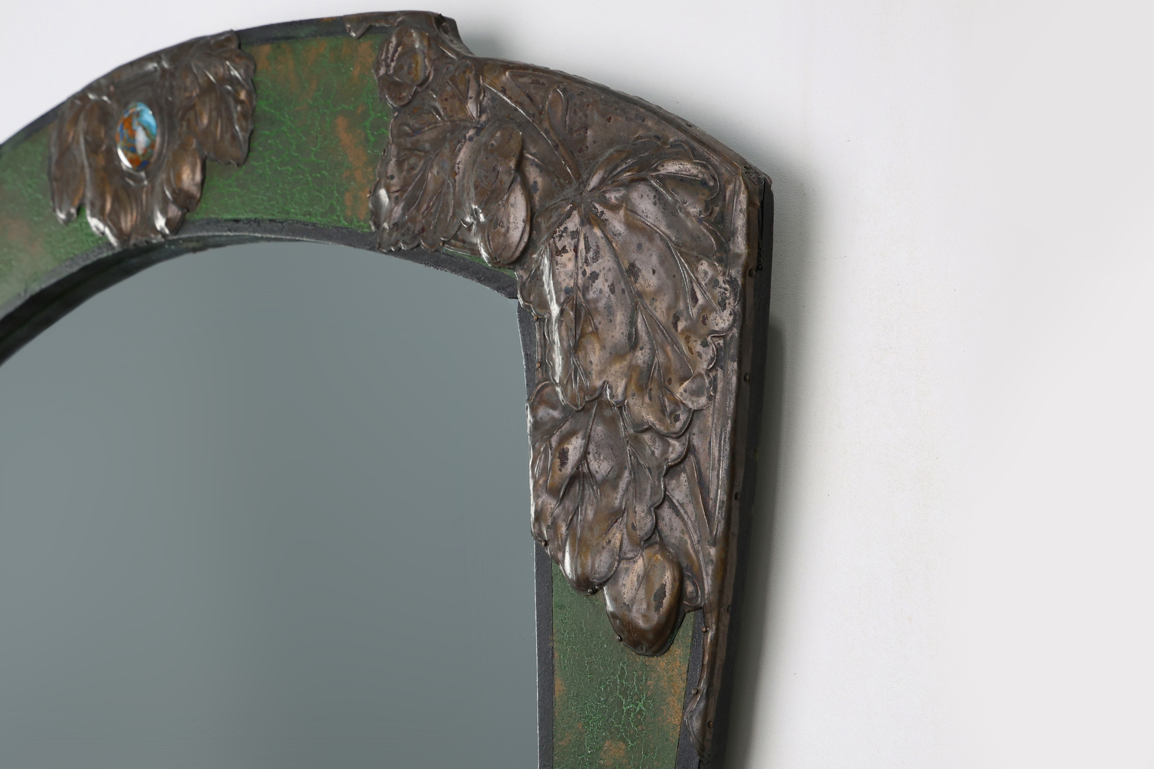 Arts & Crafts Mirror in green metal with glass decoration, France ca. 1905 thumbnail